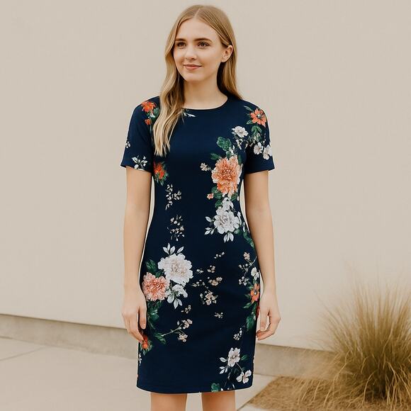 Roolee Floral Navy Printed Sheath Pencil Dress Size Small - Picture 1 of 4